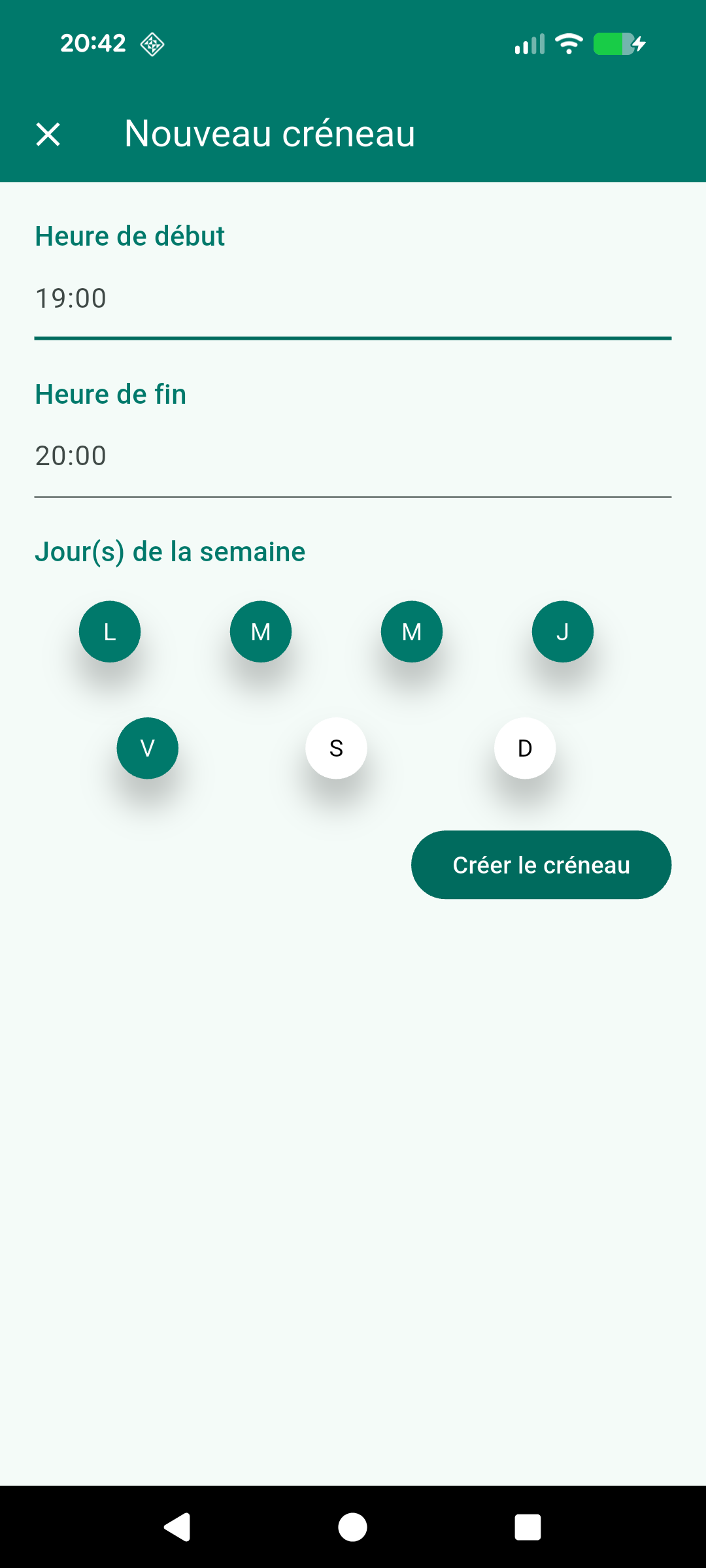 Configuration des Créneaux